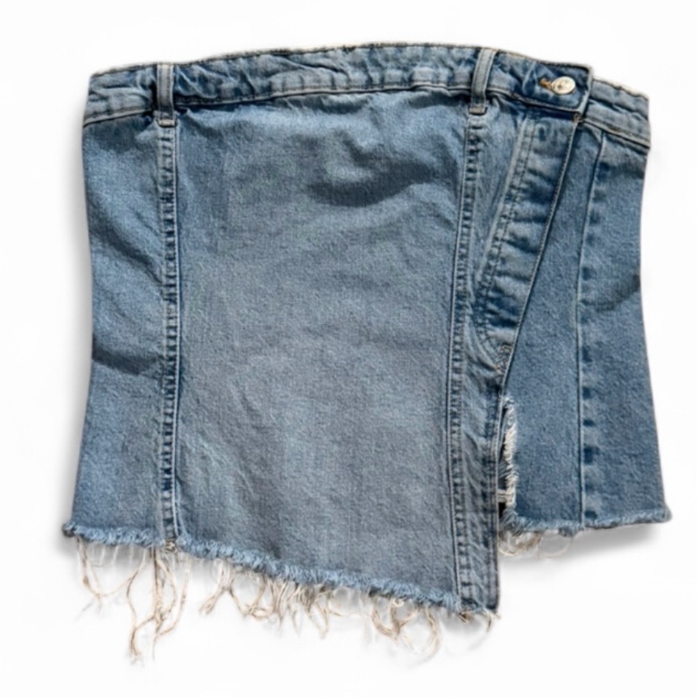 ZARA Denim Corset Top Size L Distressed Y2K Strapless Jean Bustier Festival Crop